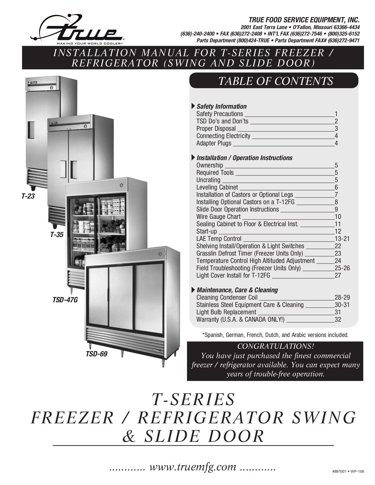 pdf for True Refrigerator TS-35 manual