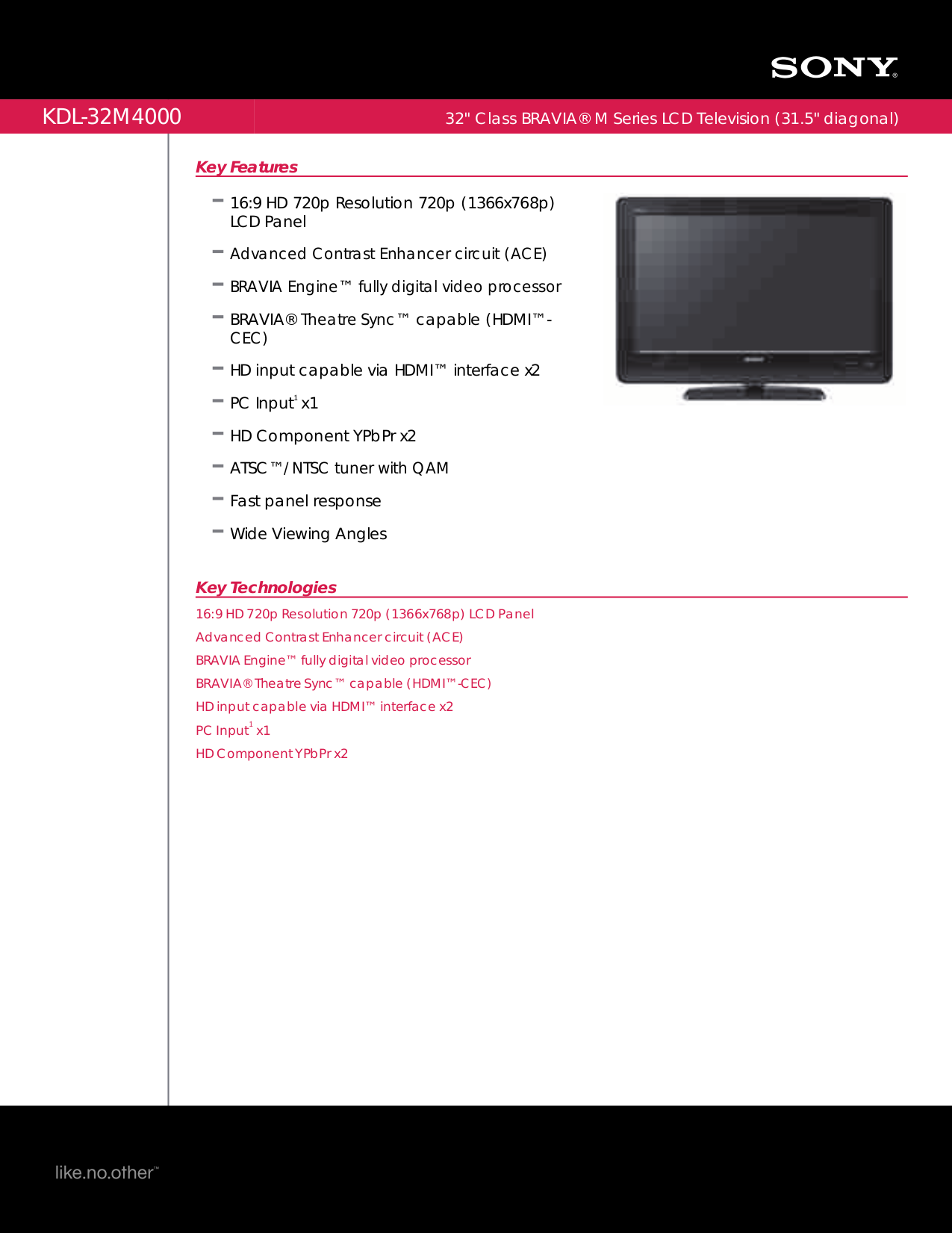 Download Free Pdf For Sony Bravia Kdl-32m4000 Tv Manual