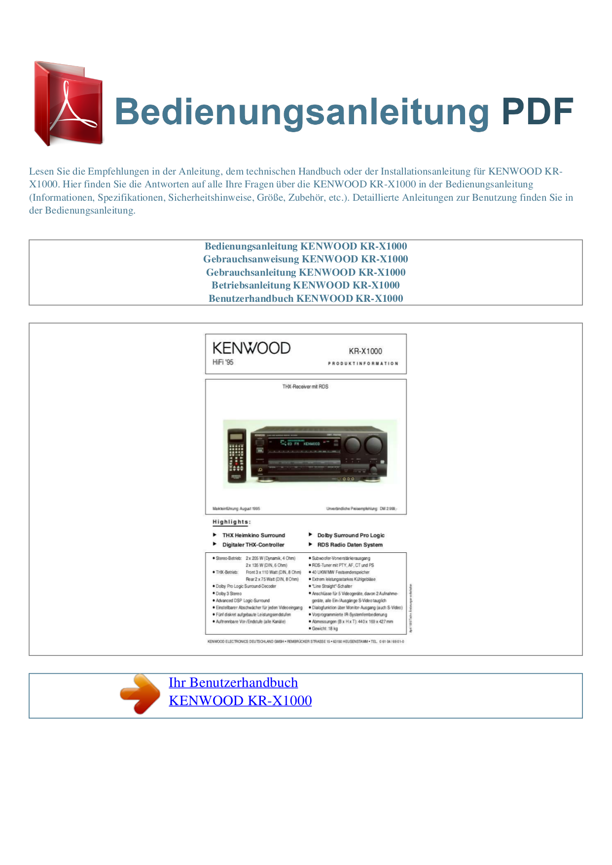 Download free pdf for Kenwood KRX1000 Receiver manual