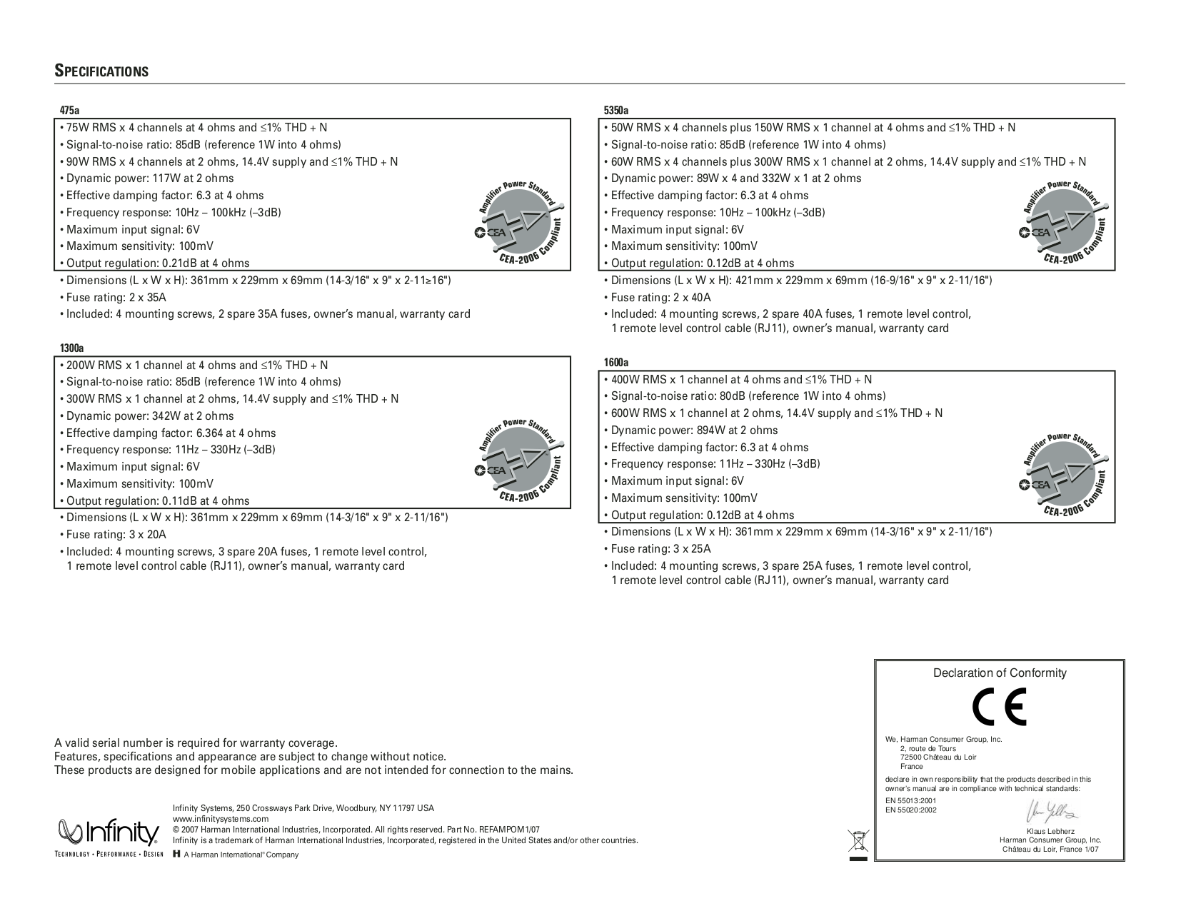 PDF manual for Infinity Car Amplifier Reference 5350A