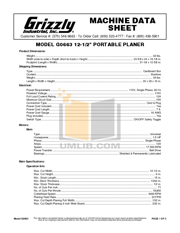 Download free pdf for Grizzly G0663 Planers Other manual