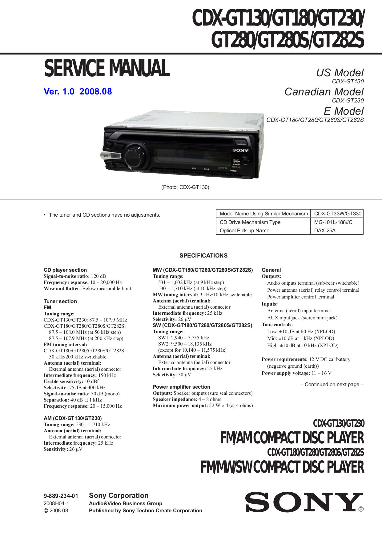 Download free pdf for Sony Xplod CDX-GT130 Car Receiver manual