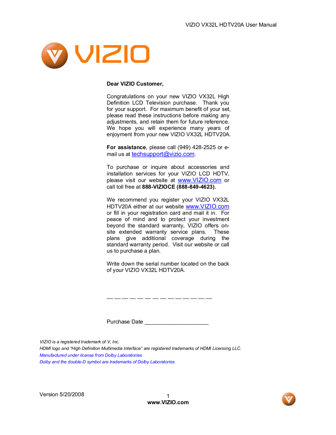 Download free pdf for Vizio VX32L TV manual