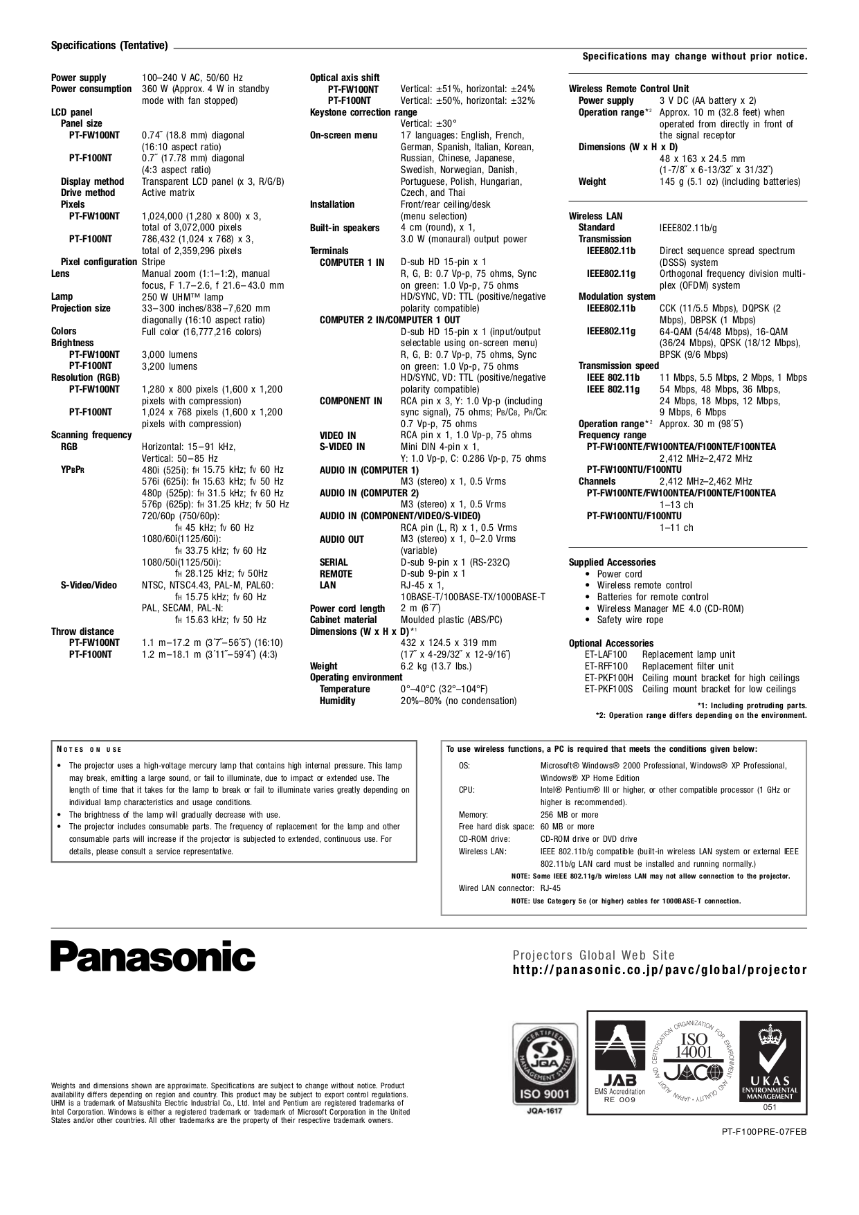 PDF manual for Panasonic Projector PTFW100NT
