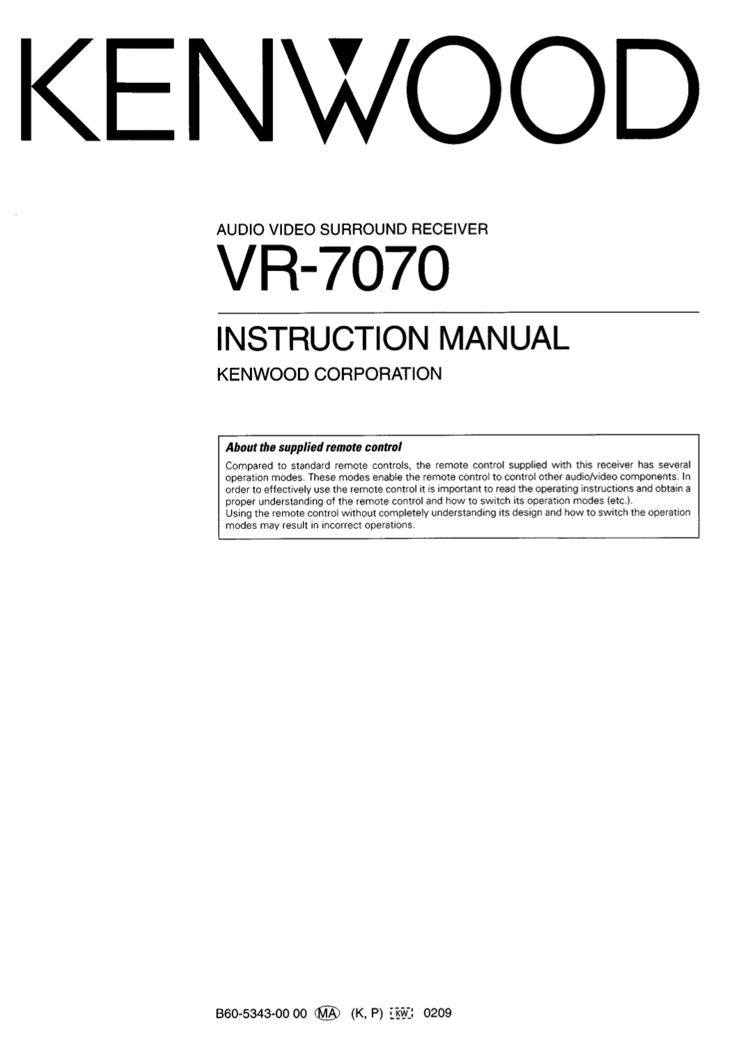 PDF manual for Kenwood Receiver VR-7070A