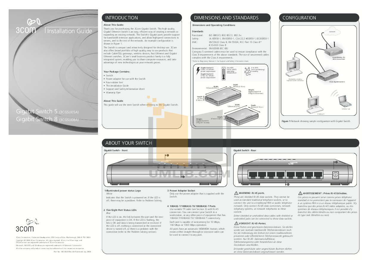 Download free pdf for 3Com 3CGSU08A Switch manual