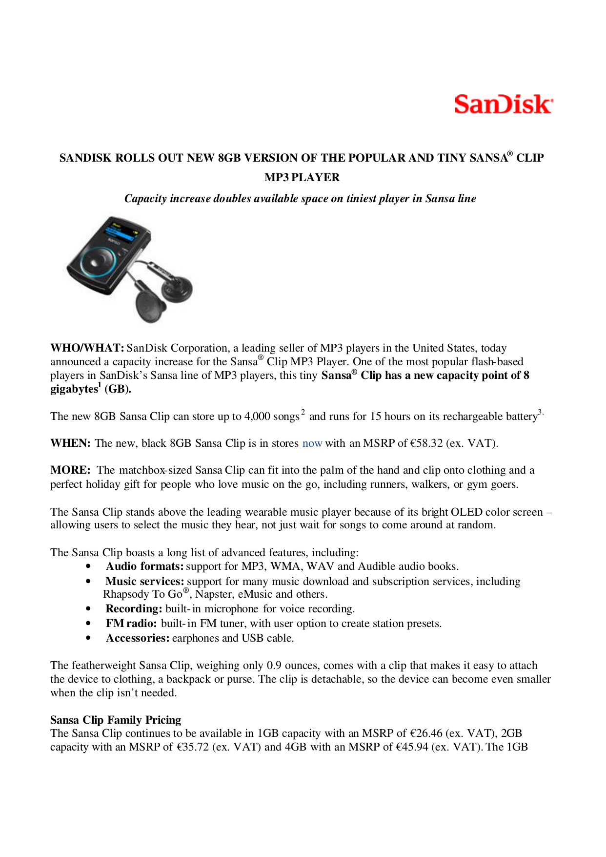 Download free pdf for Sandisk Sansa Sansa Clip 1GB MP3 Player manual