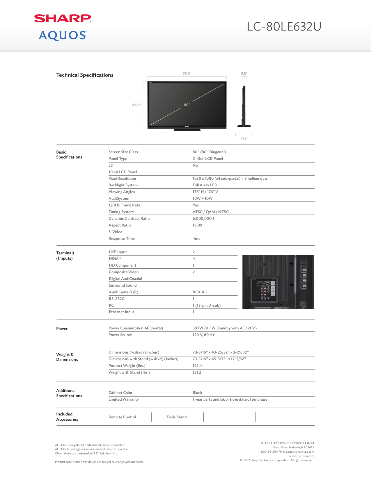 Sharp LCD TV AQUOS LC-80LE632U pdf page preview