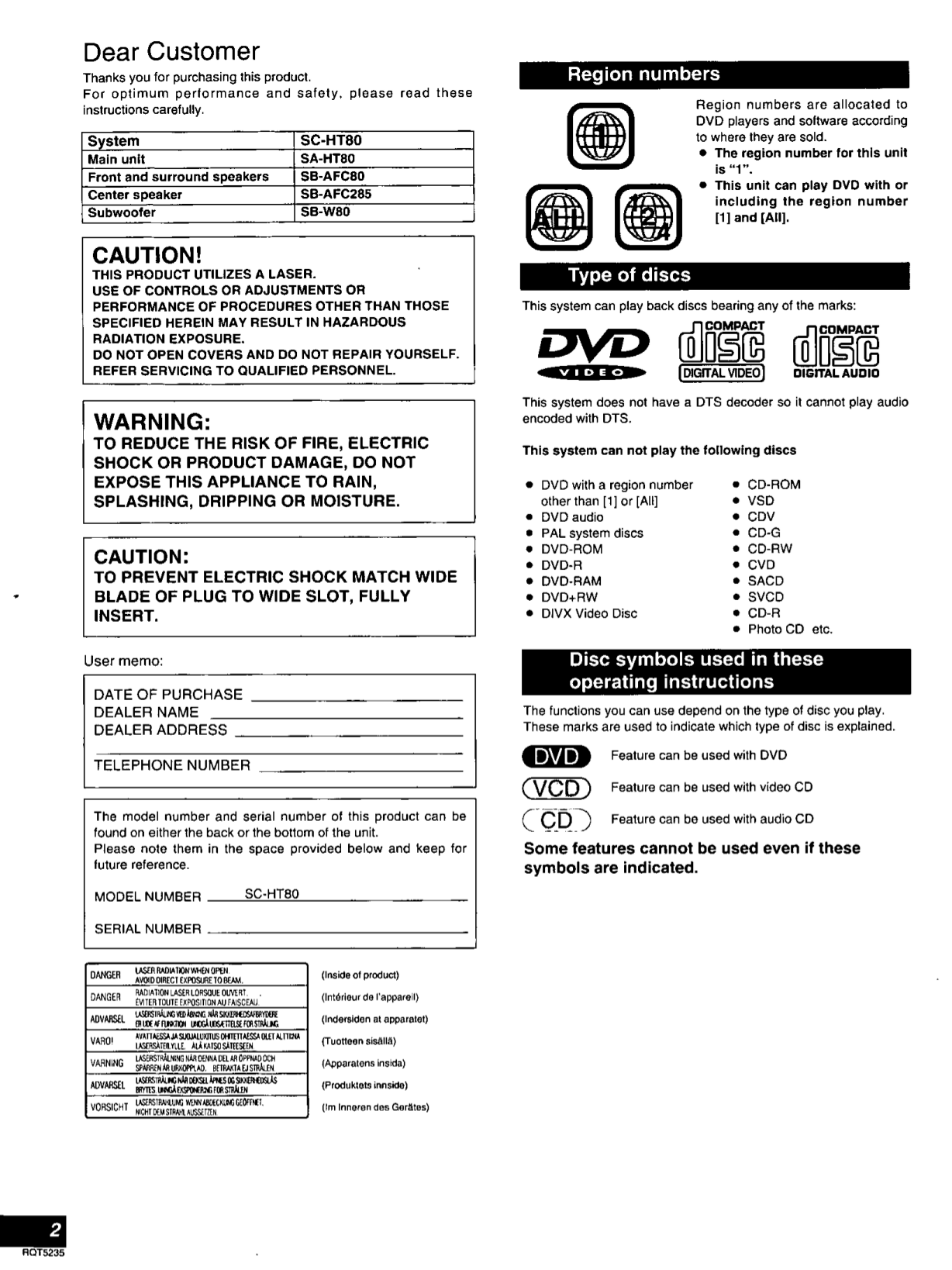 PDF manual for Panasonic Home Theater SAHT80