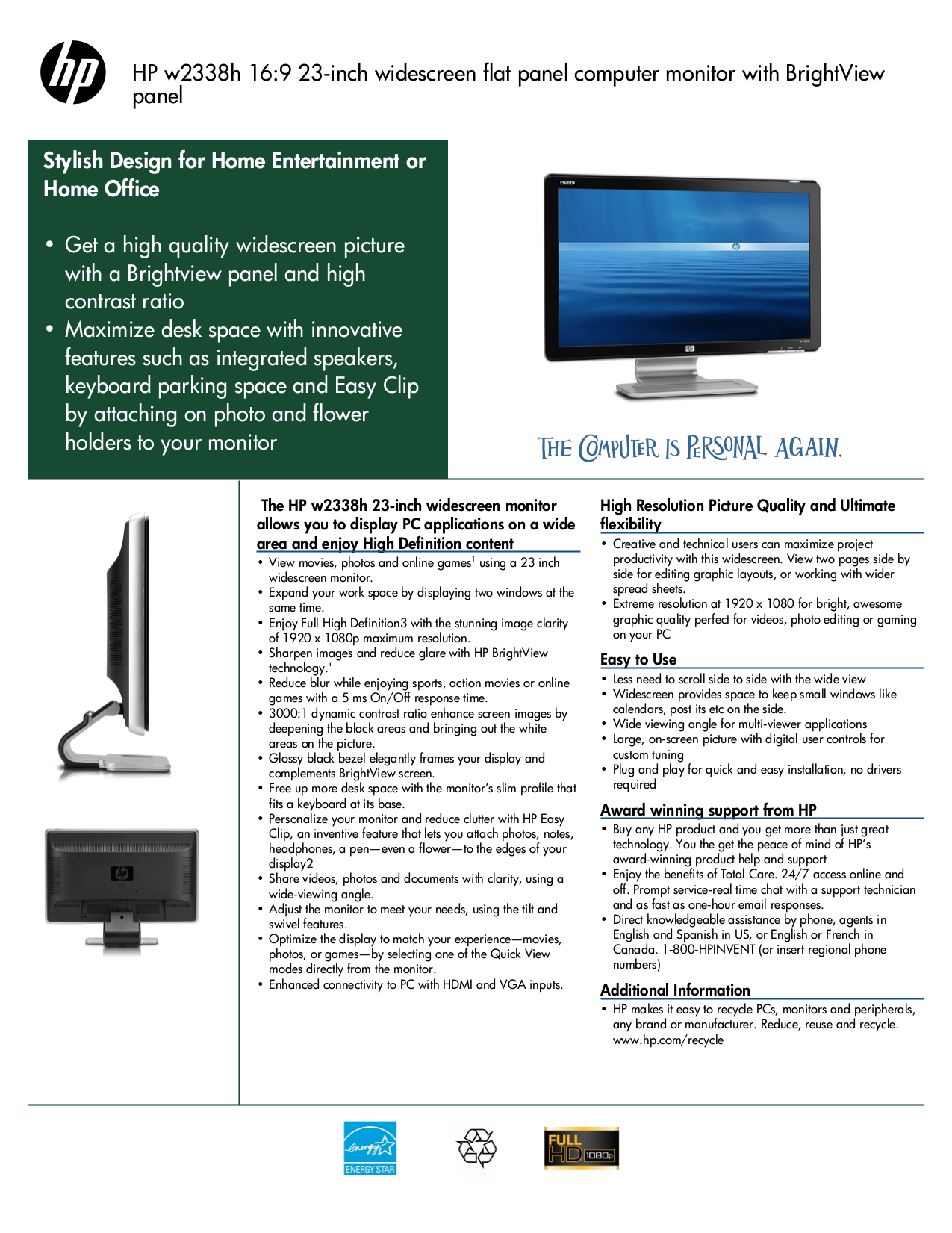 Download free pdf for HP Pavilion W2338H Monitor manual