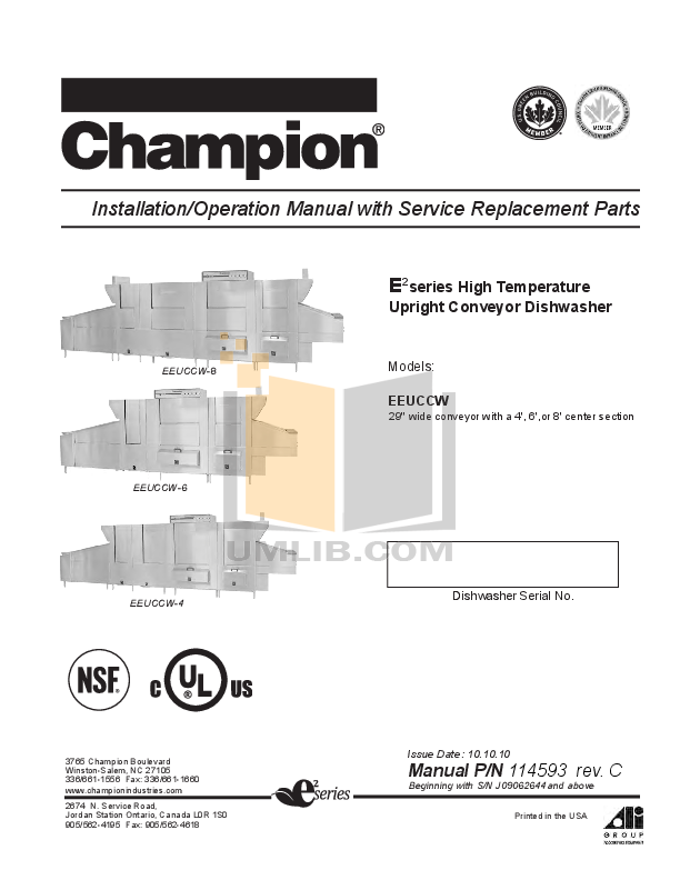 PDF manual for Champion Dishwasher EUCCW8
