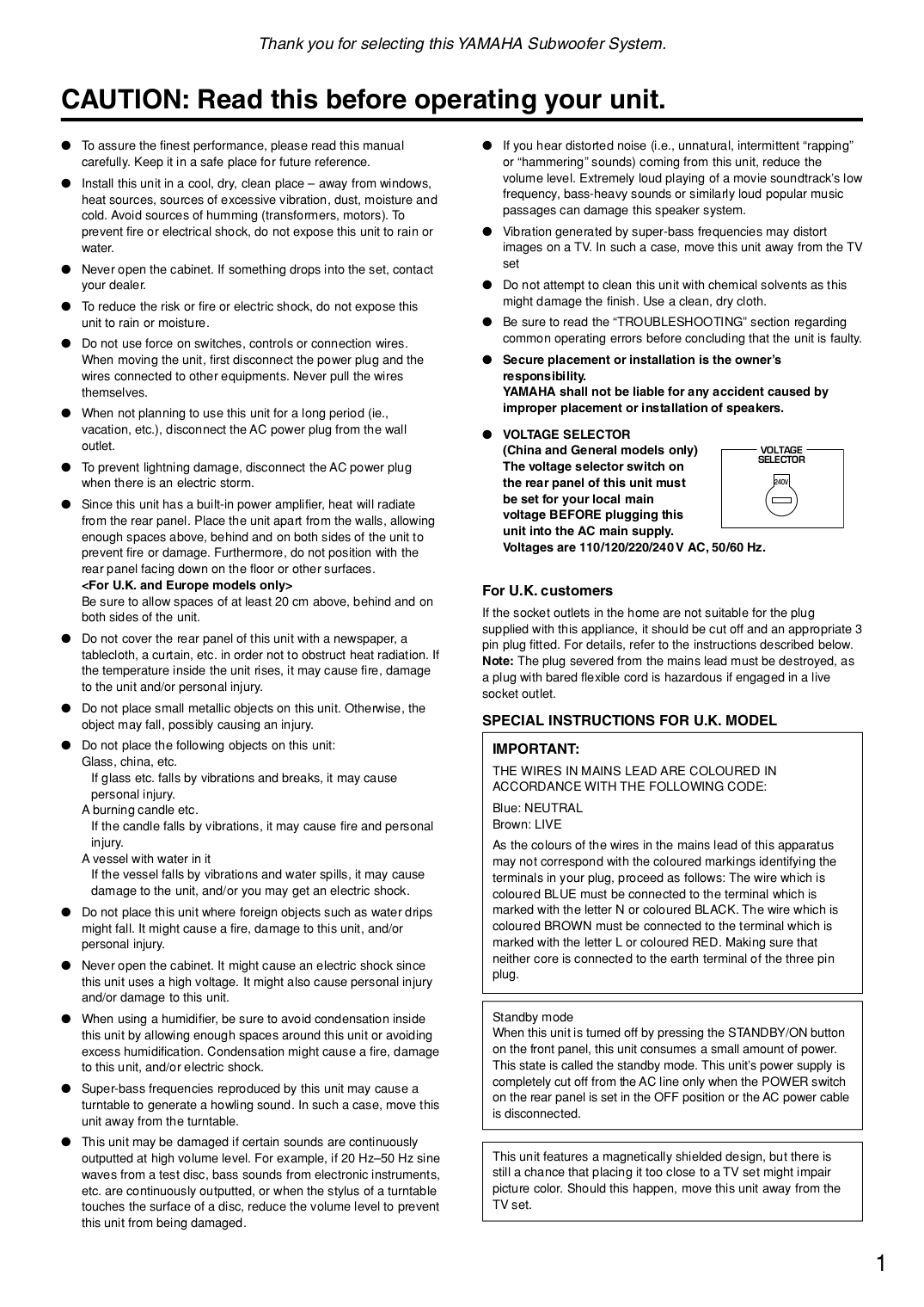 PDF manual for Yamaha Subwoofer YSTSW305