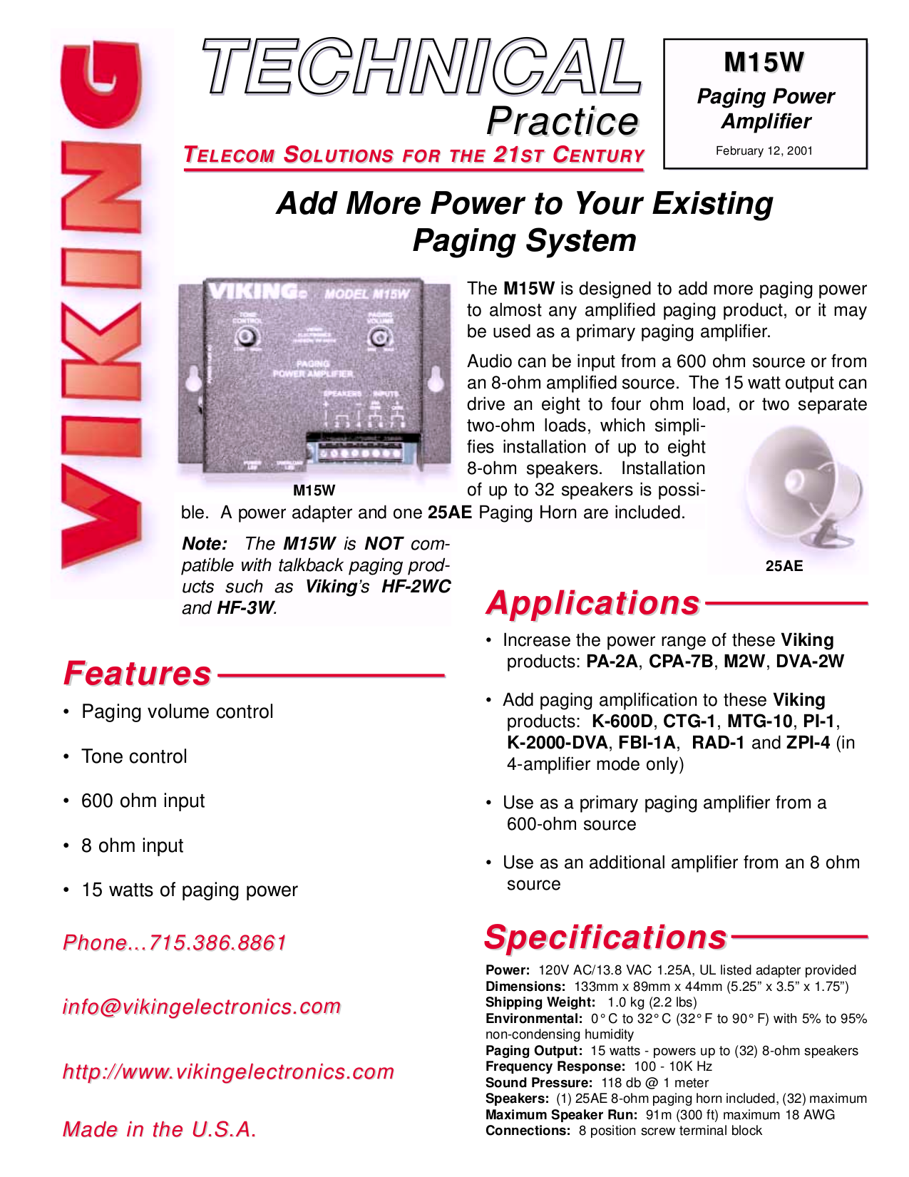 Download free pdf for Viking 25AE Paging Horn Other manual