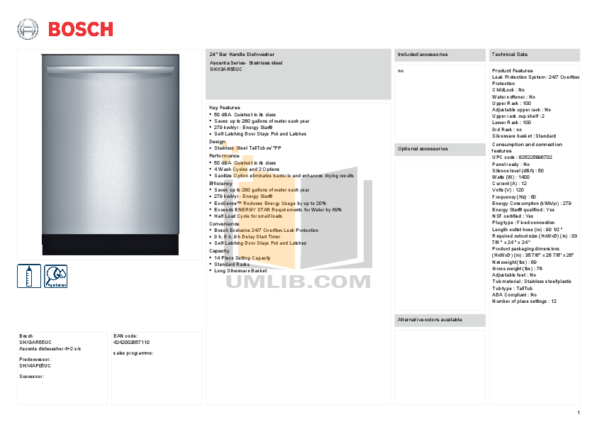 Download free pdf for Bosch Ascenta SHX4AP05UC Dishwasher manual