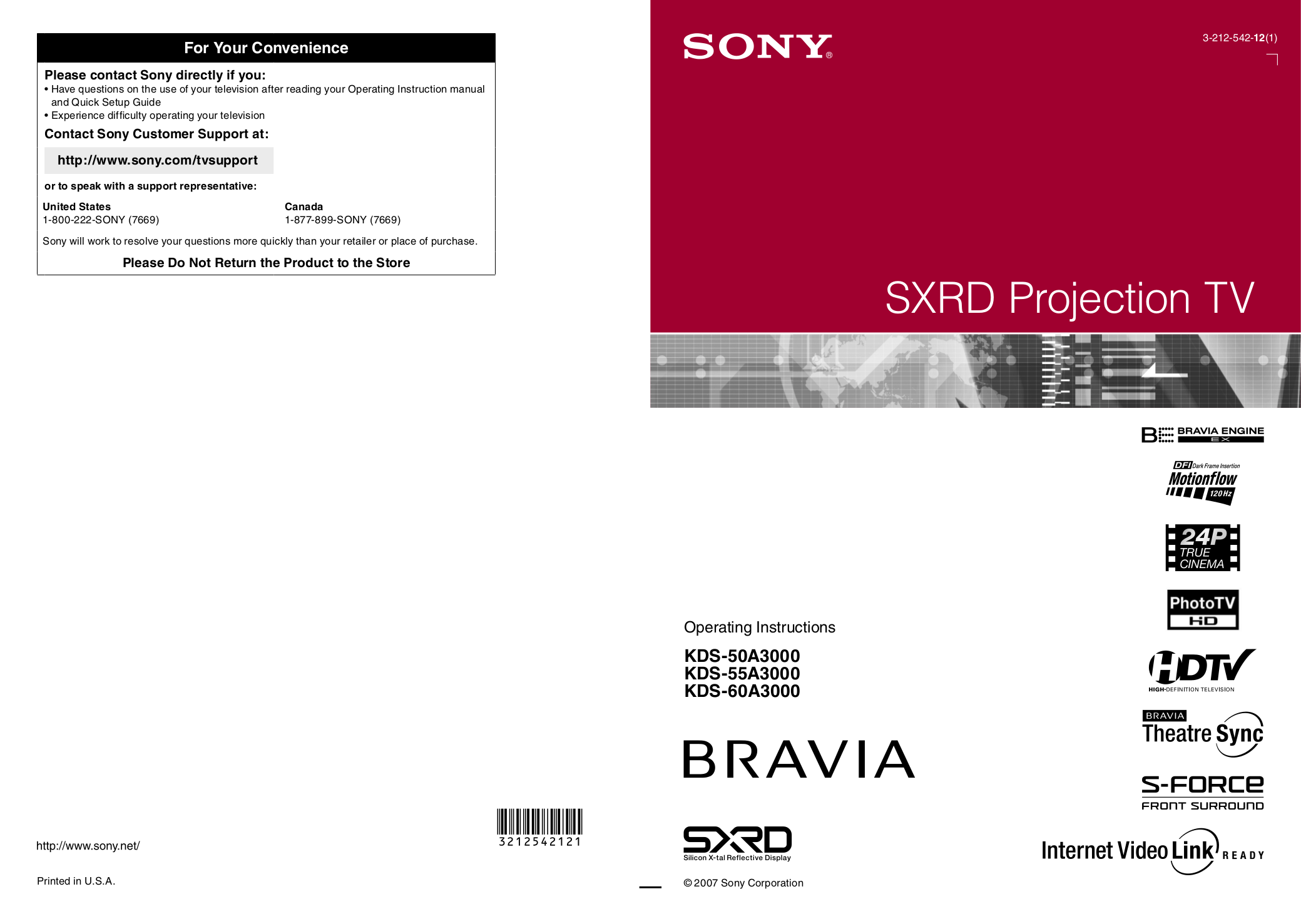 PDF Manual For Sony TV BRAVIA KDS 55A3000 PDF Manual For Sony TV BRAVIA KDS 55A3000