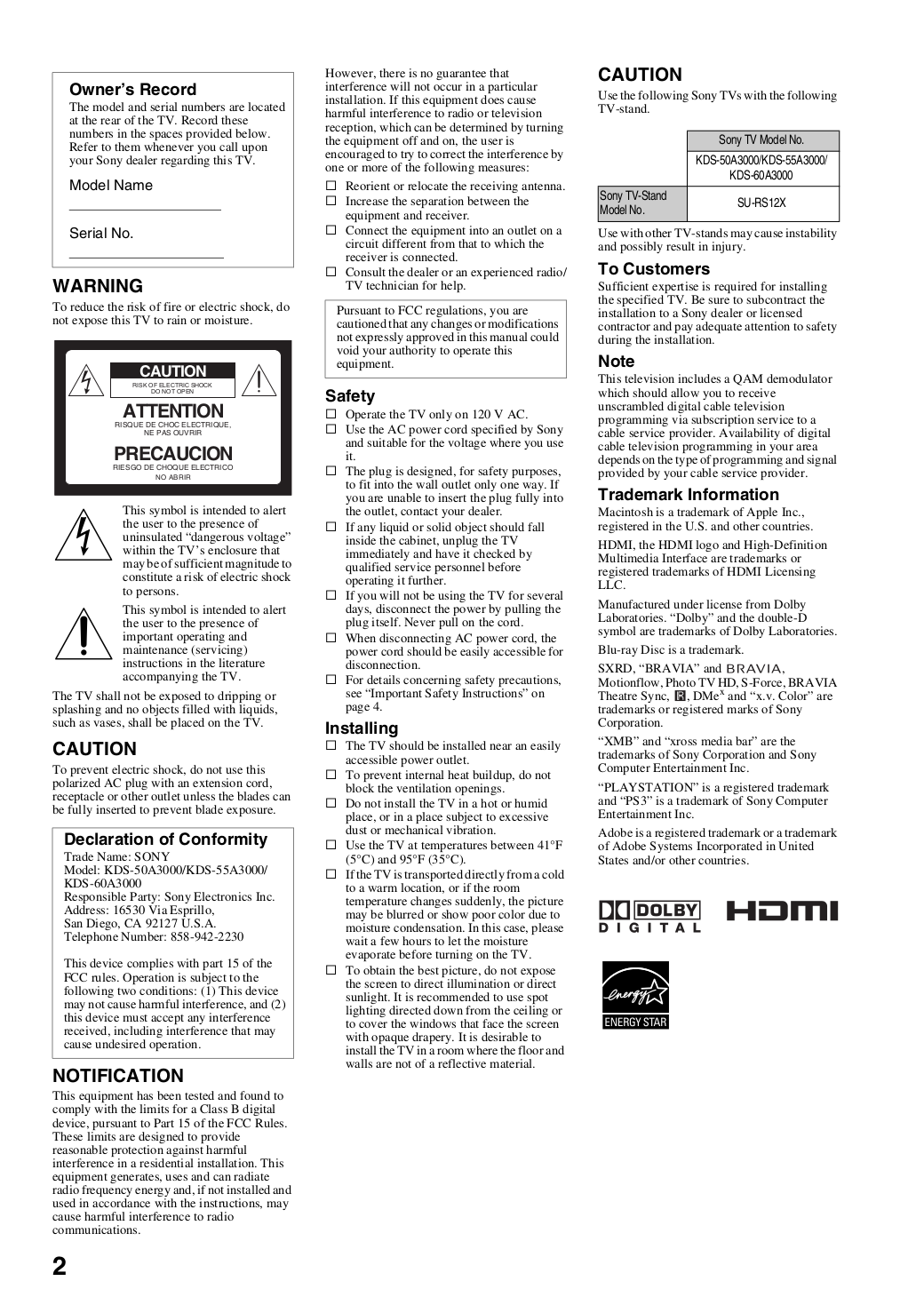 PDF manual for Sony TV BRAVIA KDS-55A3000