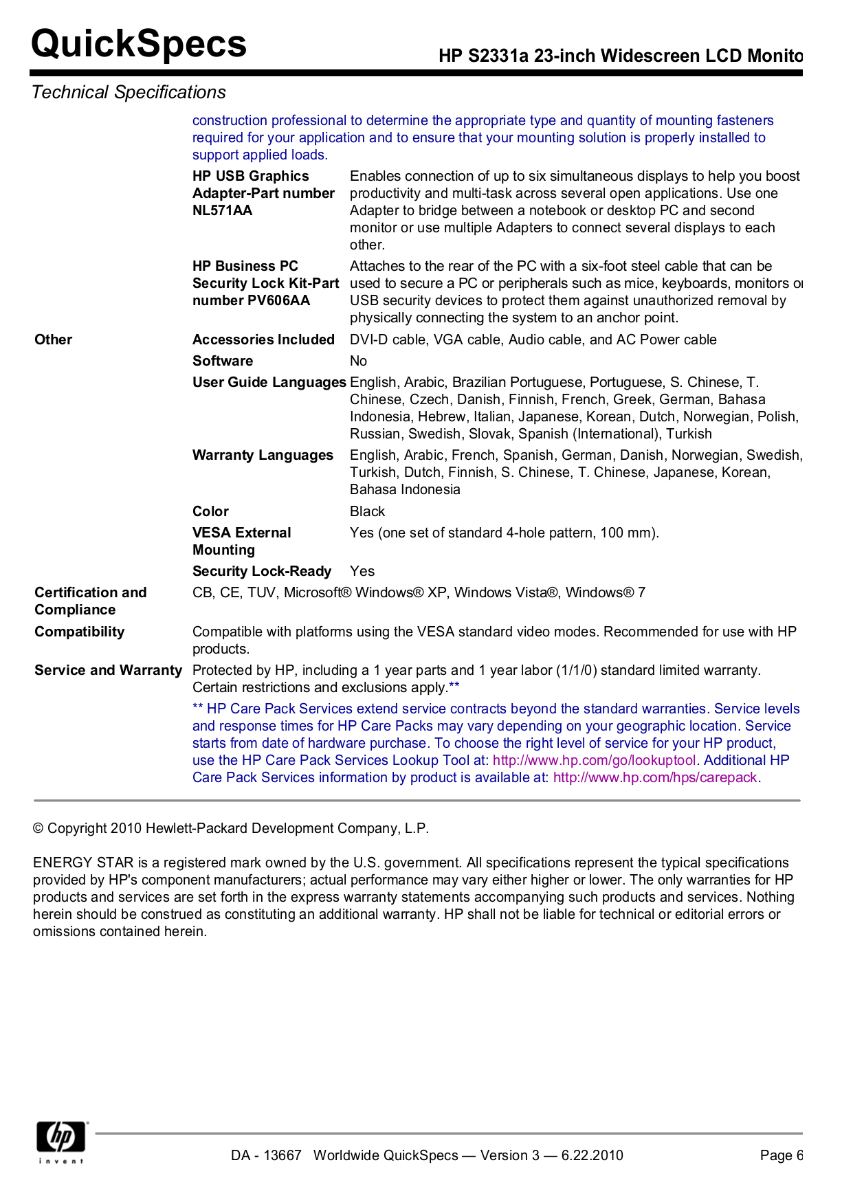 PDF manual for HP Monitor S2331a