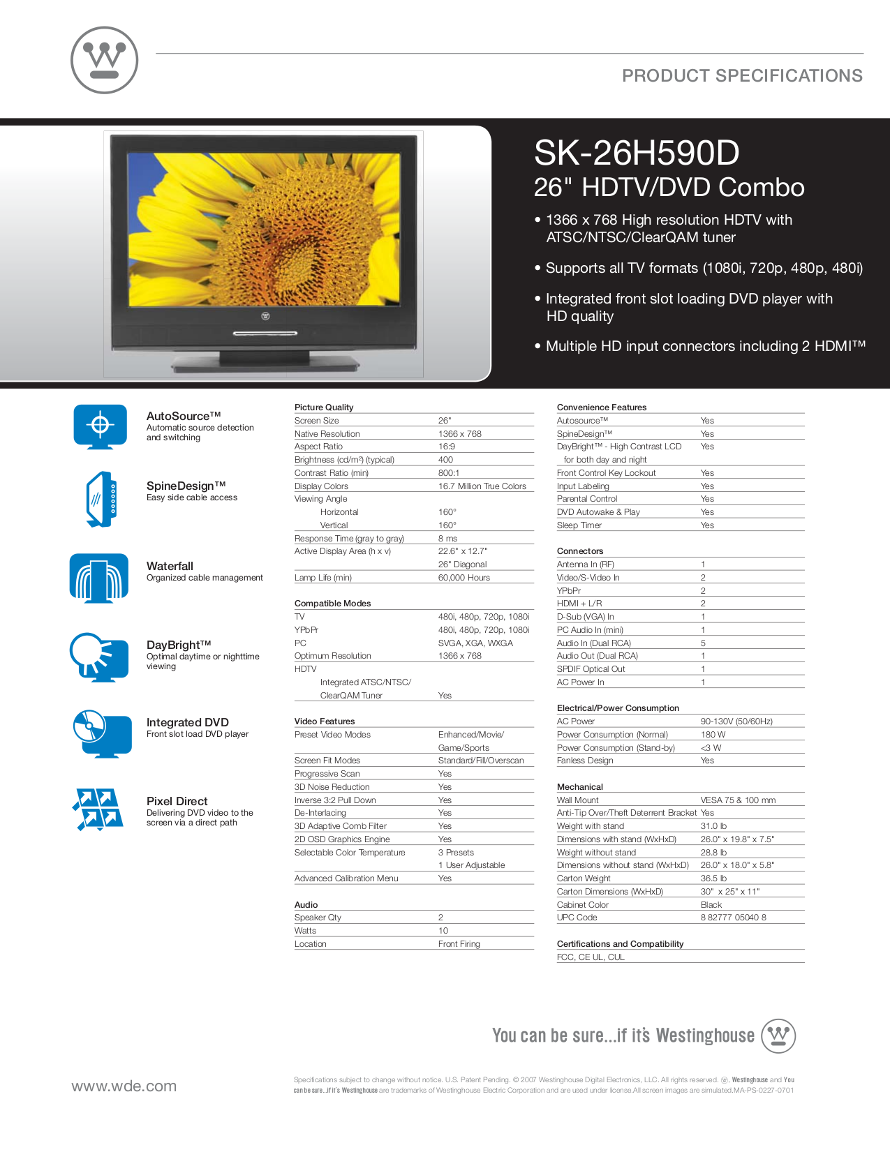 Download free pdf for Westinghouse SK-26H590D TV manual