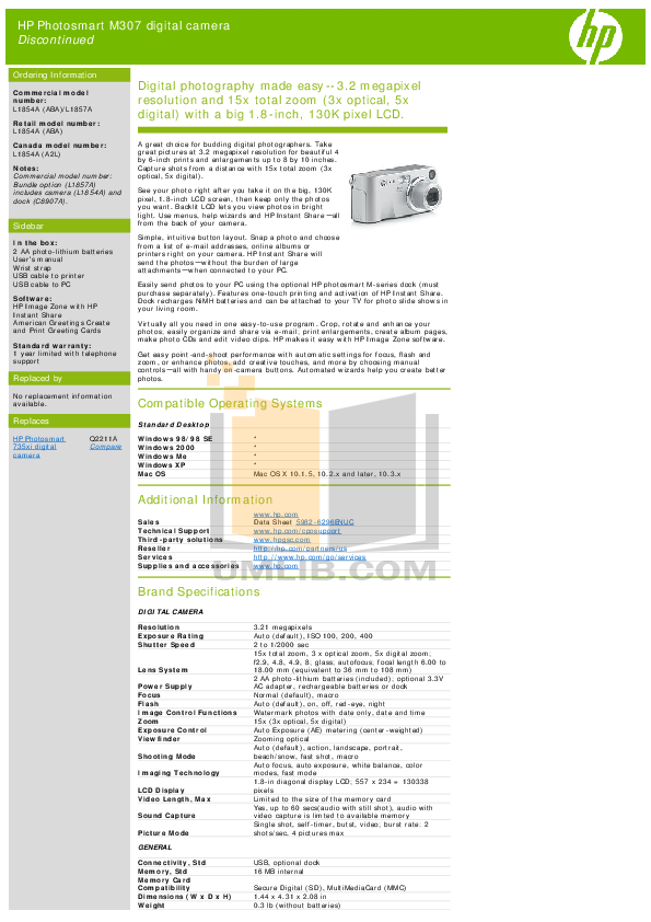 pdf for HP Digital Camera Photosmart M307 manual