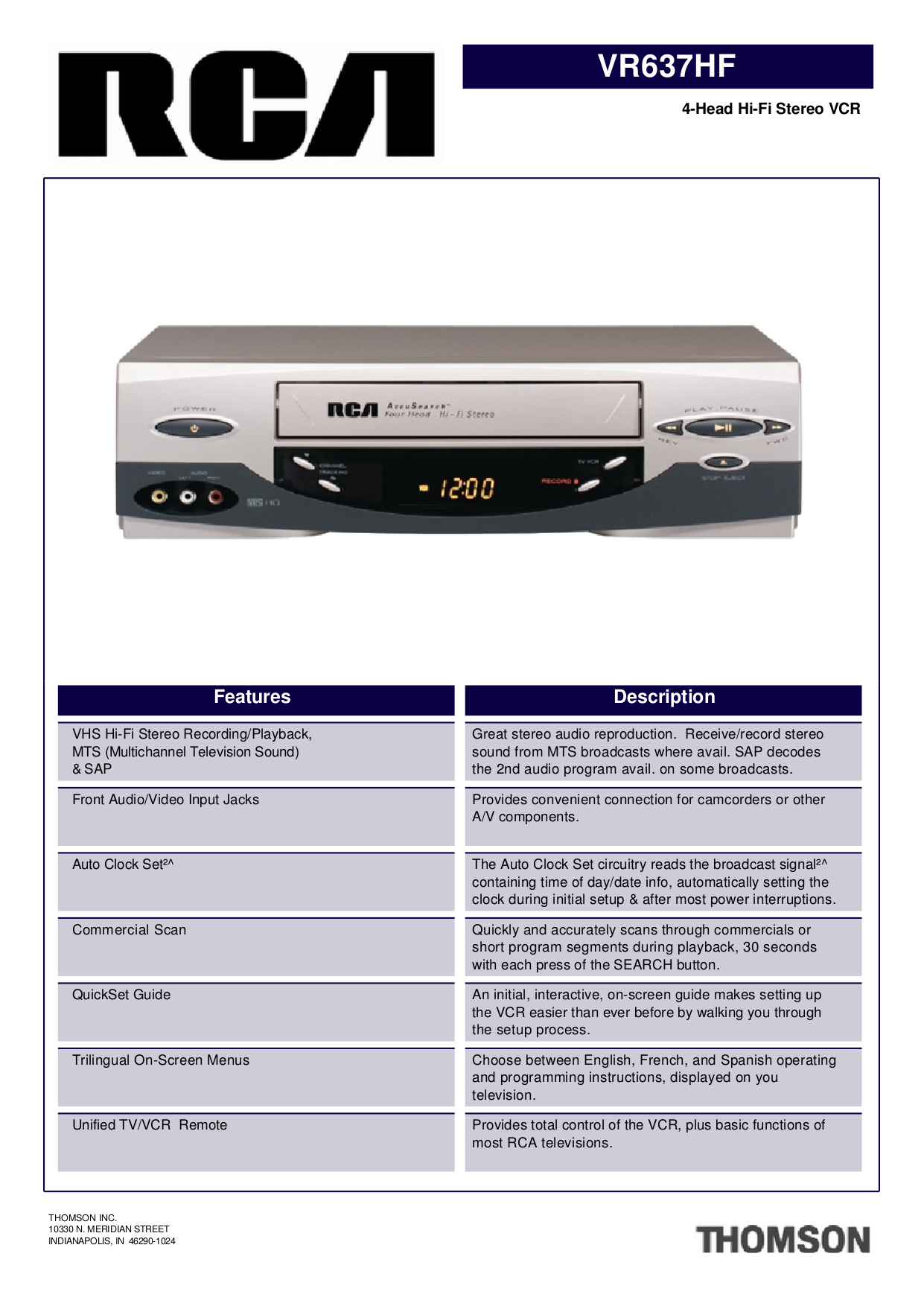 Download free pdf for RCA VR637HF VCR manual