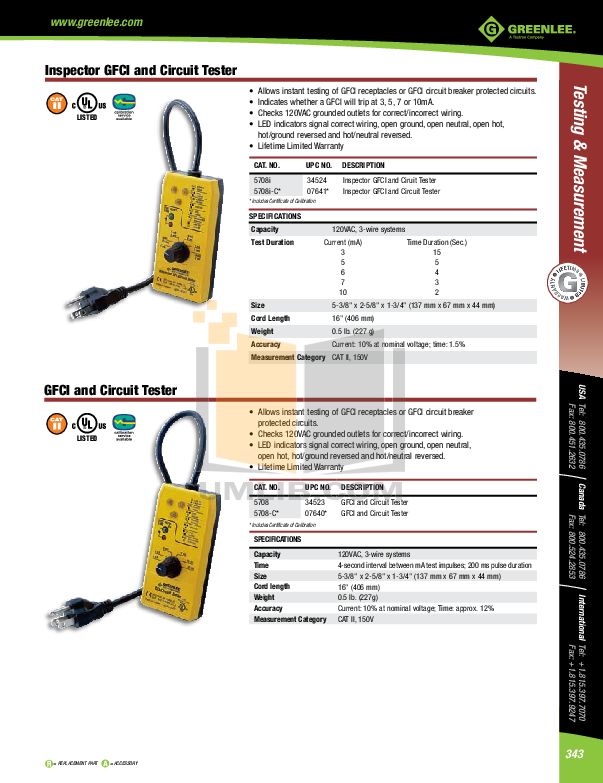 Download free pdf for Greenlee 5708I Circuit Testers Other manual