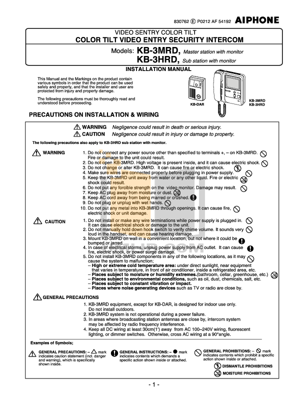 Download free pdf for Aiphone VA-K Intercoms Other manual