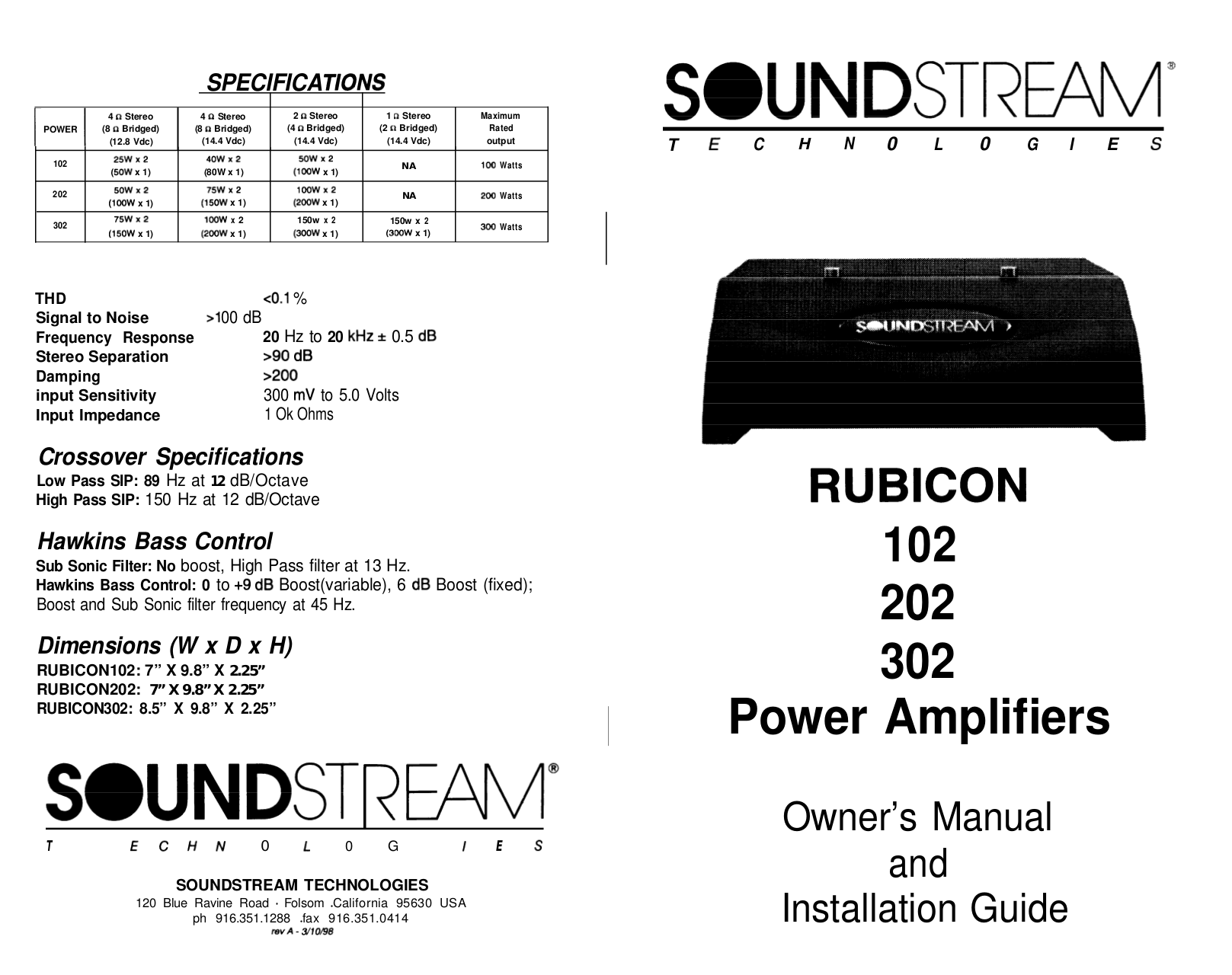 Download free pdf for Soundstream Rubicon 202 Car Amplifier manual