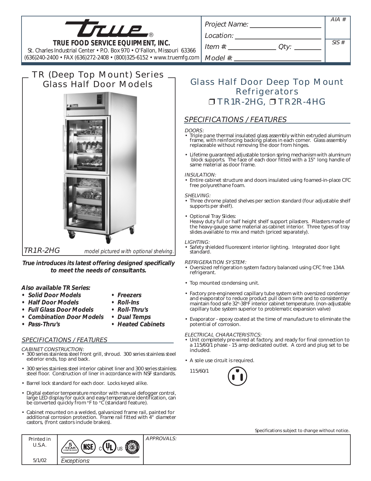 pdf for True Refrigerator TR1R-2HG manual