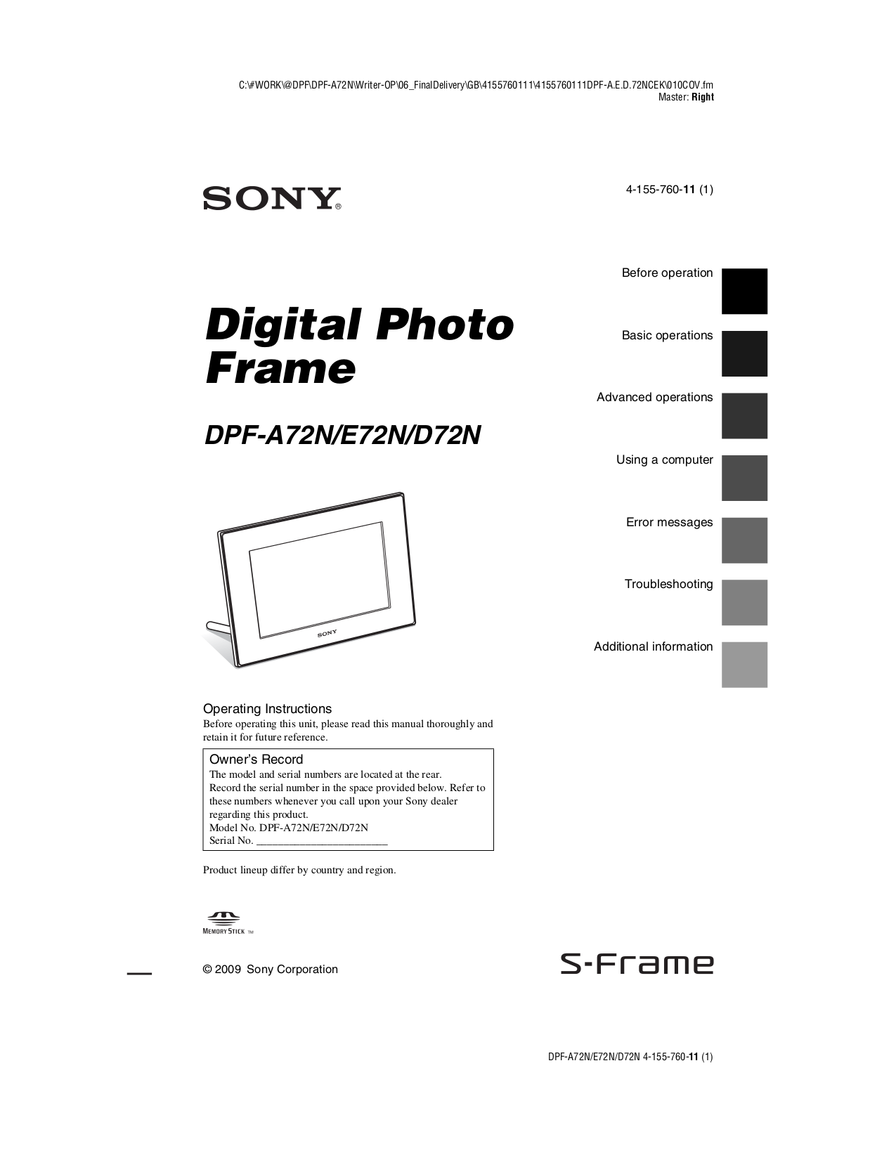 Download free pdf for Sony DPFA72N Digital Photo Frame manual