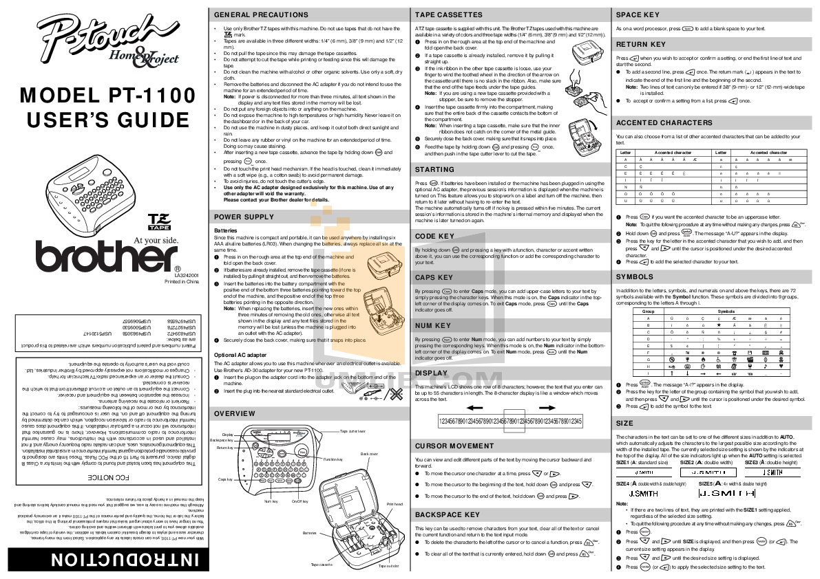 Download free pdf for Brother PT-110 Printer manual