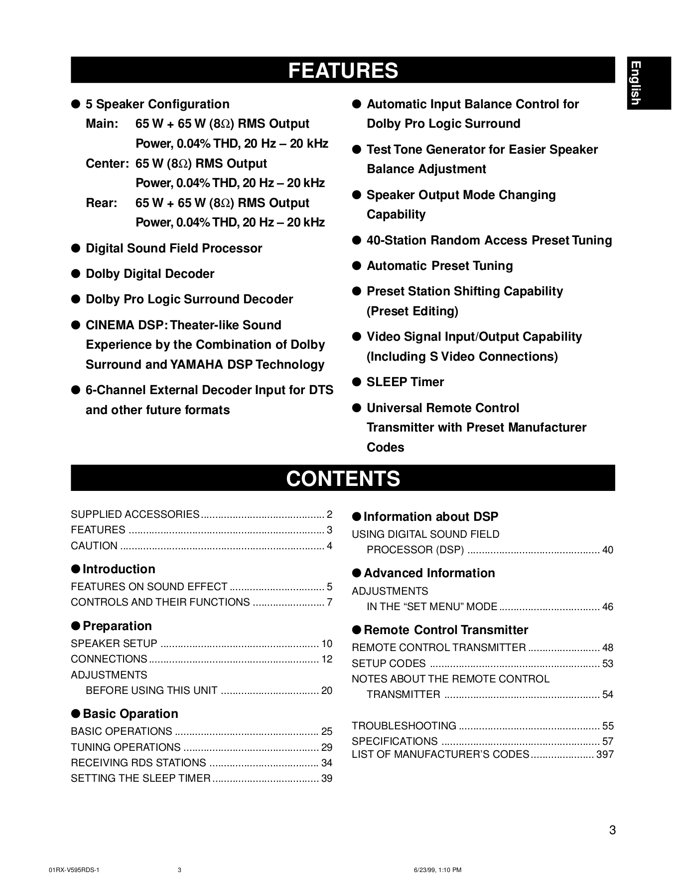 PDF manual for Yamaha Receiver RXV595RDS