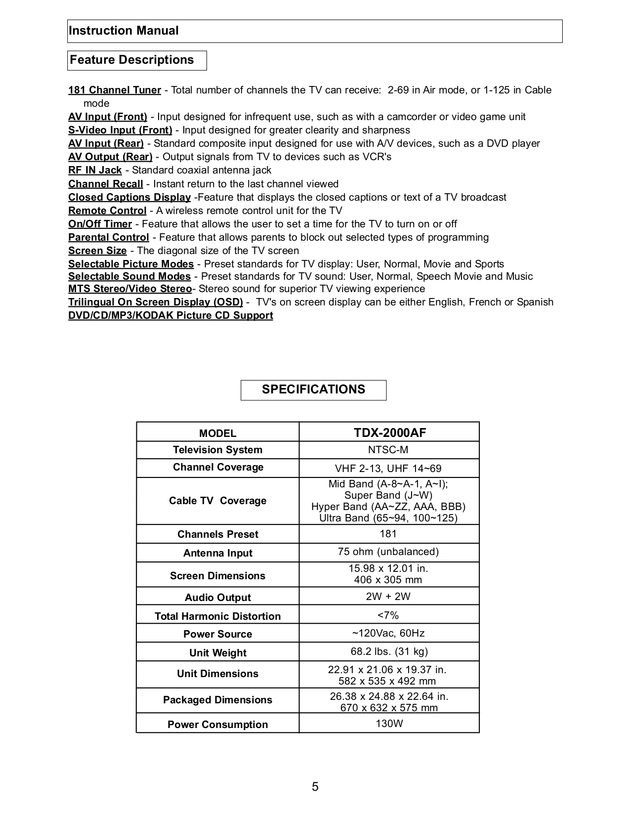 PDF manual for Polaroid TV TBX-2000AF