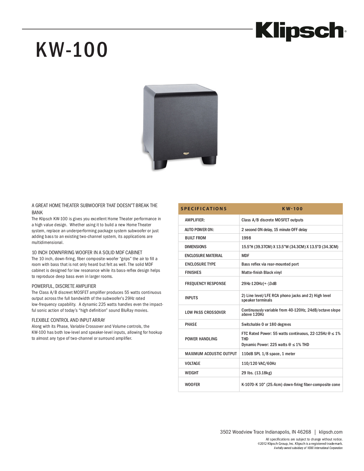 Download free pdf for Klipsch KW100 Subwoofer manual