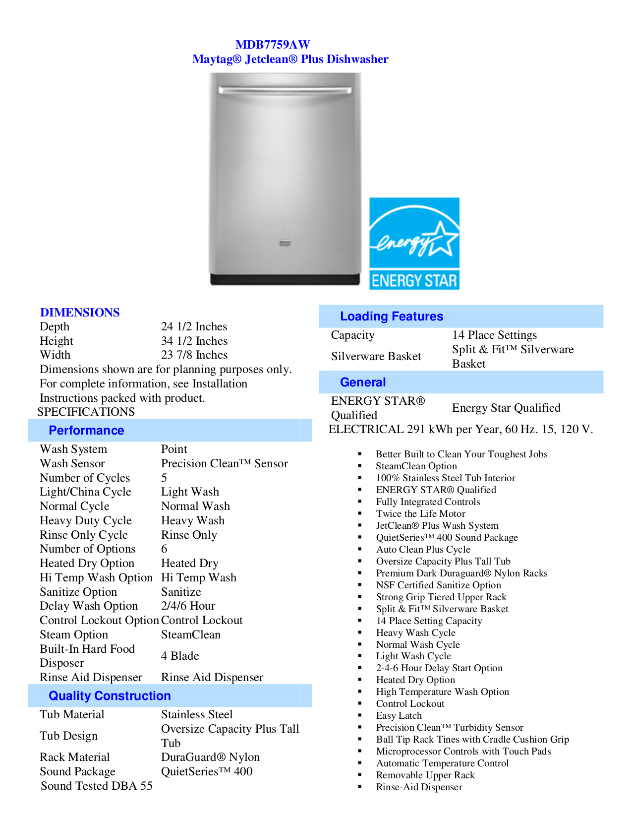 Download free pdf for Maytag Jetclean Plus MDB7759AW Dishwasher manual