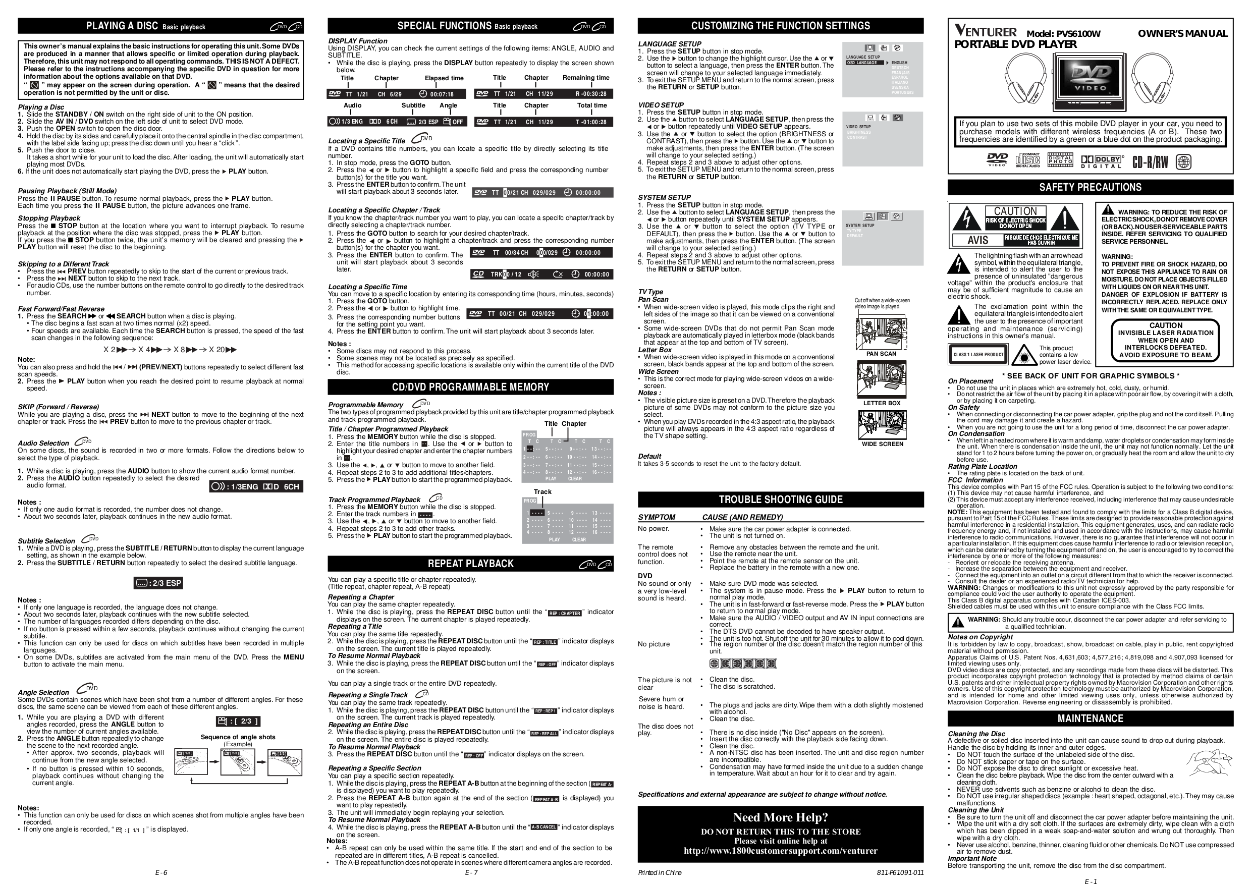 PDF manual for Venturer Portable DVD Player PVS6100W