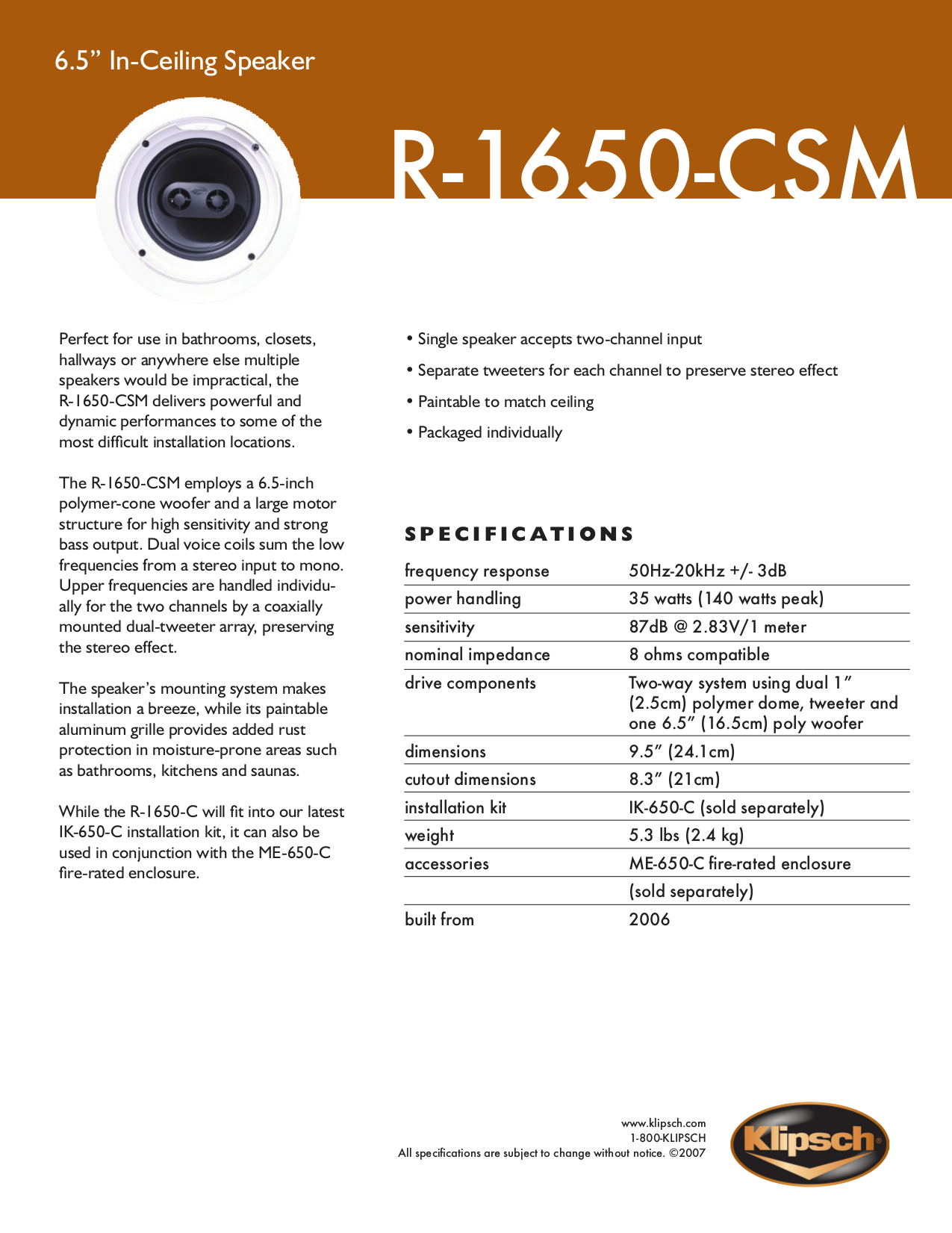 Download free pdf for Klipsch R1650C Speaker manual