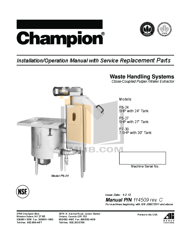 pdf for Champion Other P5-24 Waste Handling Systems manual