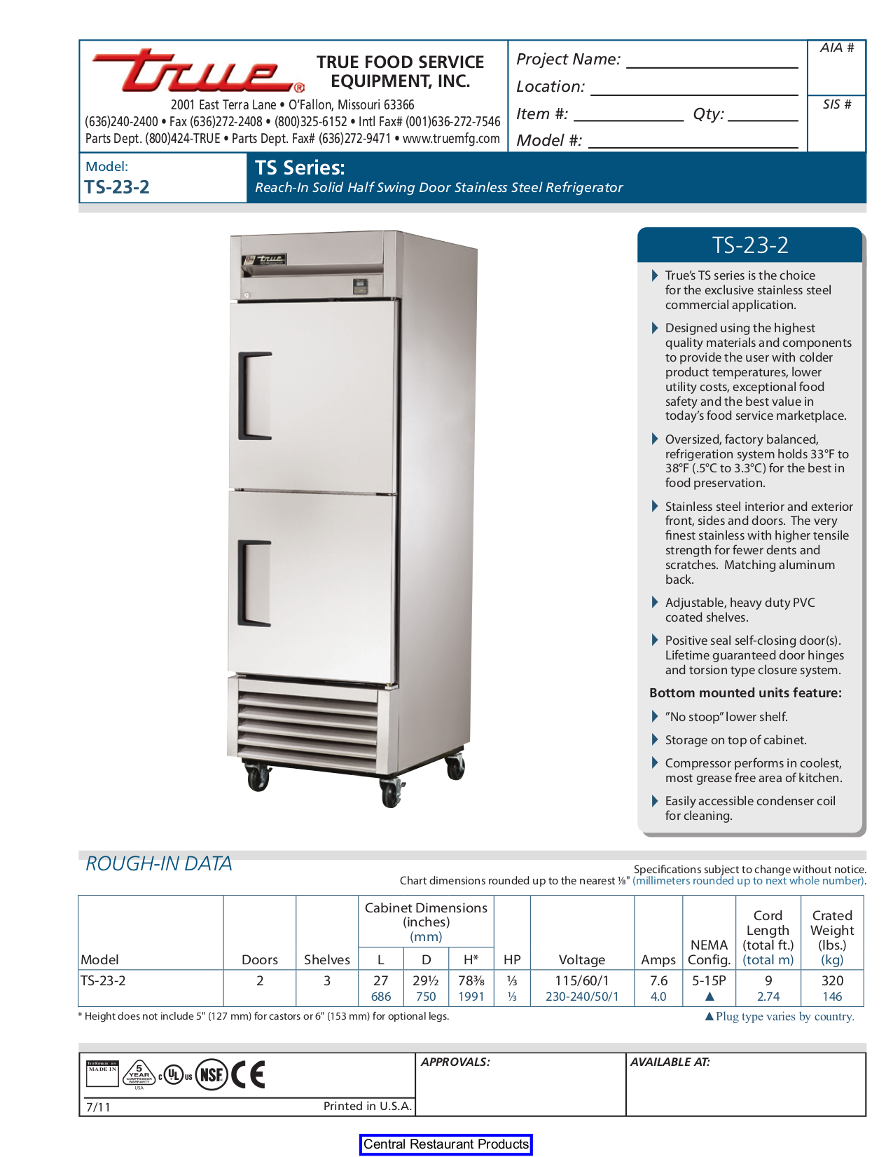 pdf for True Refrigerator TS-23 manual