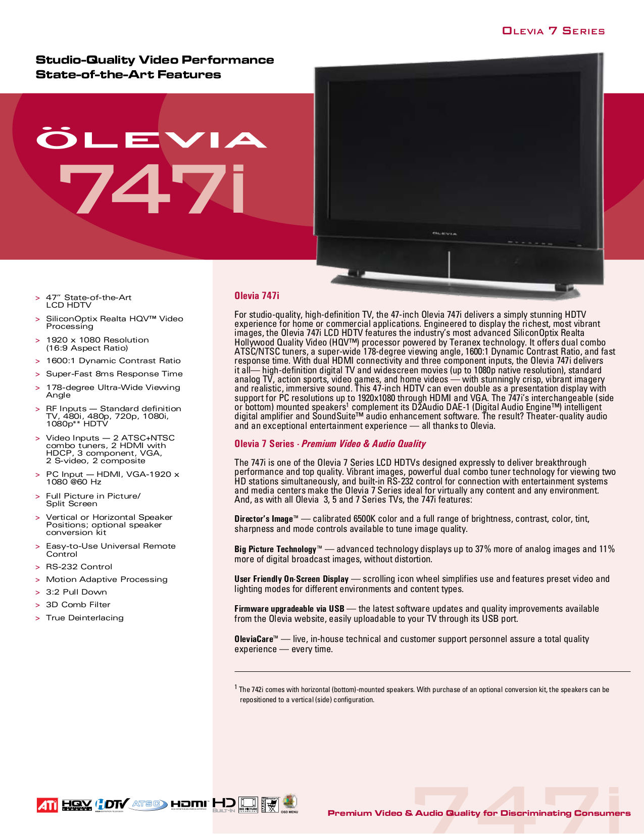 Download free pdf for Olevia 747I TV manual