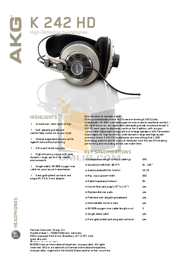 Download free pdf for AKG K 240 Studio Headphone manual
