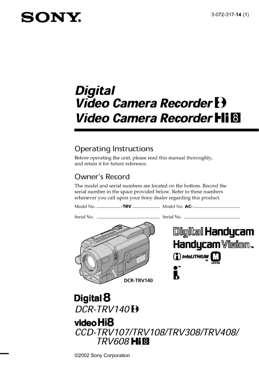 Download free pdf for Sony Handycam CCDTRV408 Camcorders manual