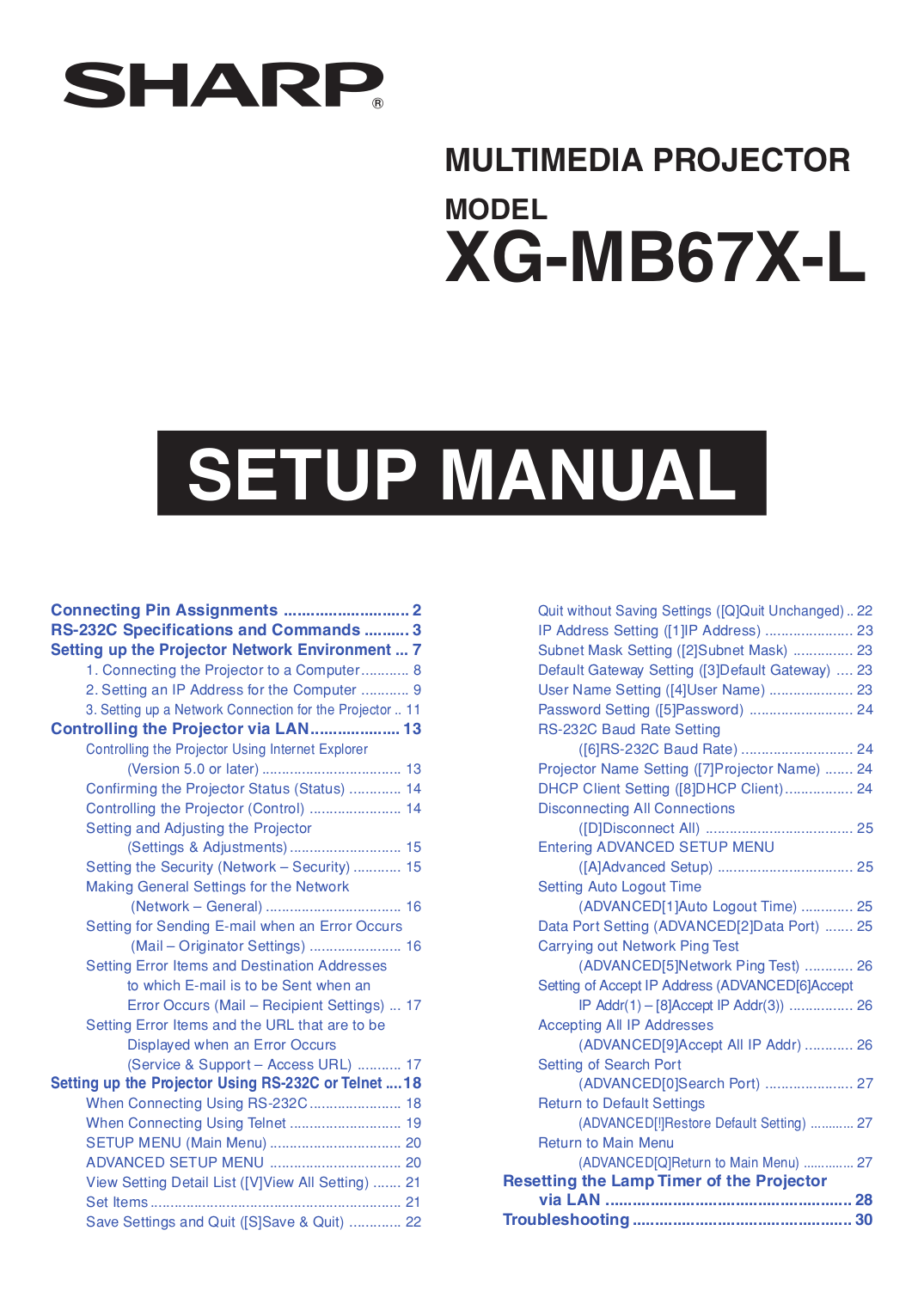 PDF manual for Sharp Projector Notevision XG-MB67X