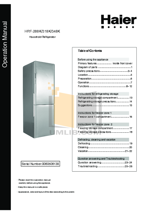 PDF manual for Haier Refrigerator HRF318K