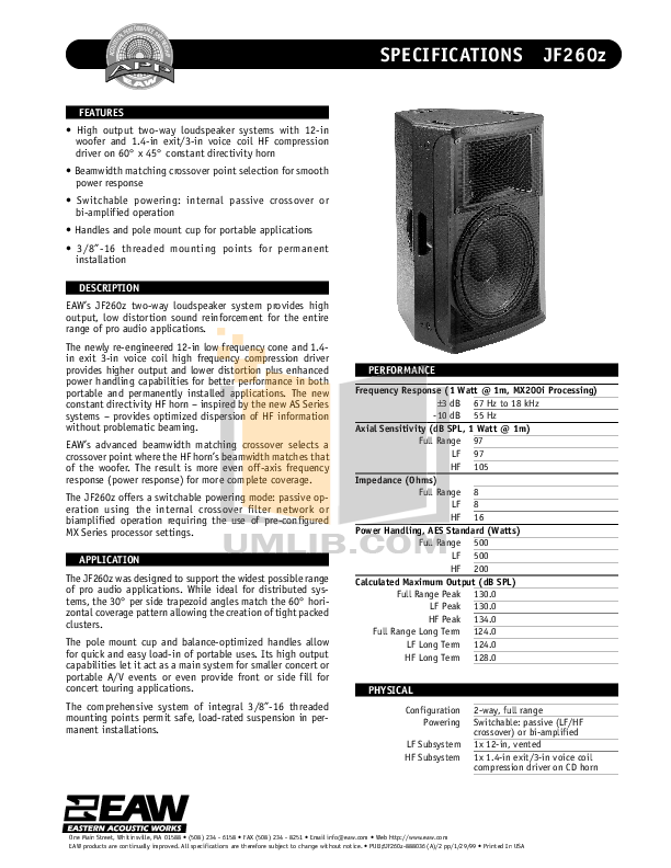 Download free pdf for Eaw JF260 Speaker manual