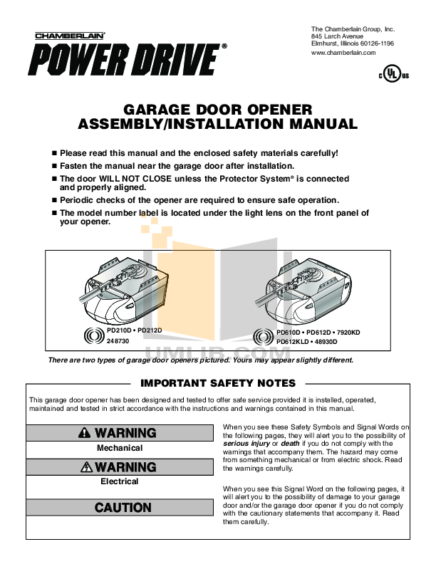 Download free pdf for Chamberlain Power Drive PD212 Garage Door Openers Other manual