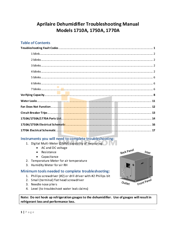 Download free pdf for Aprilaire 1710 Dehumidifier manual