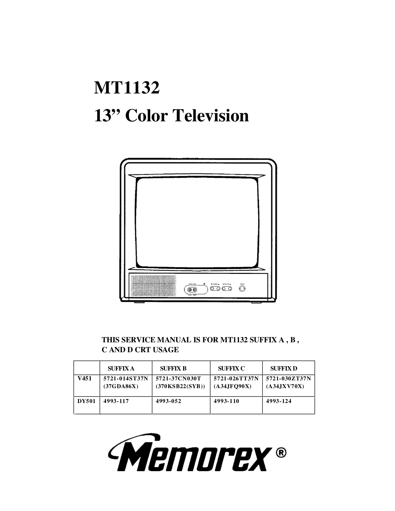 Download free pdf for Memorex MT1132A TV manual