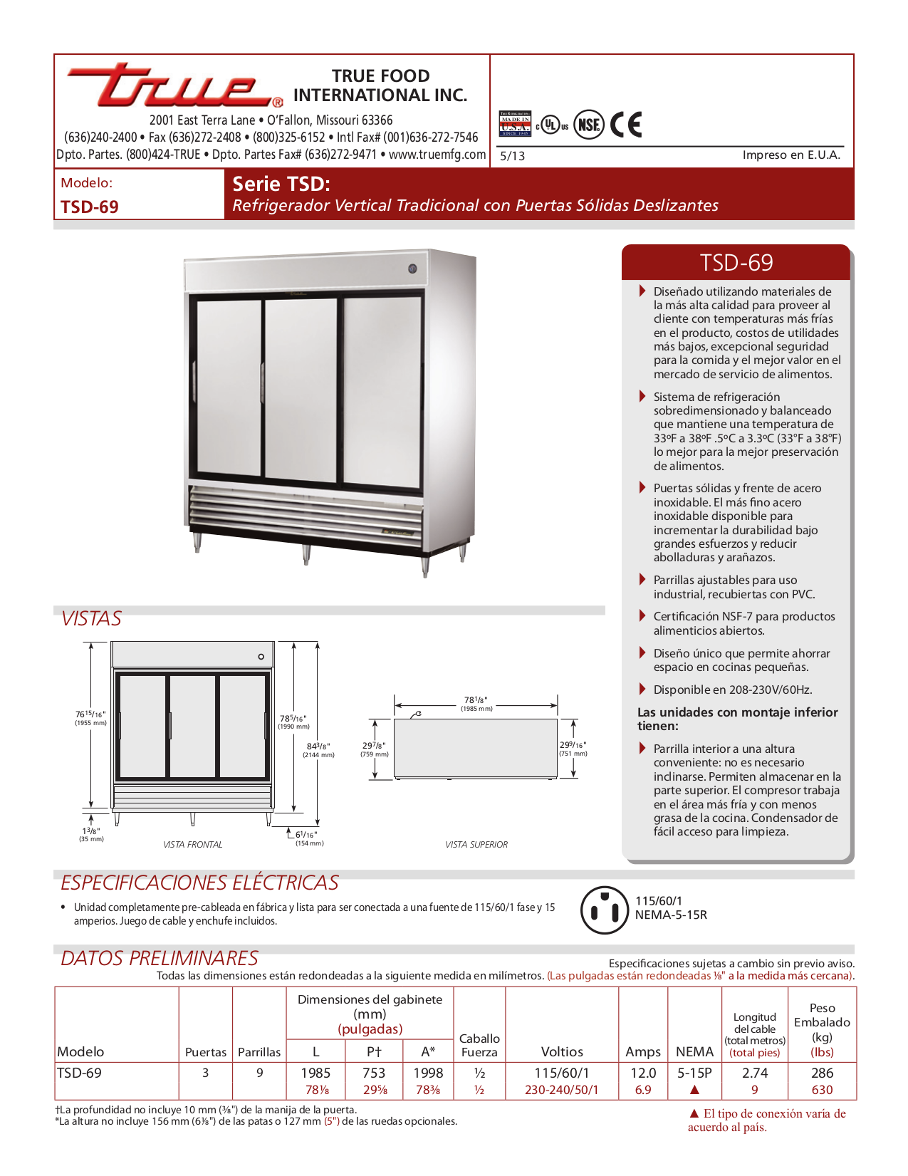 True Refrigerator TSD-69G pdf page preview