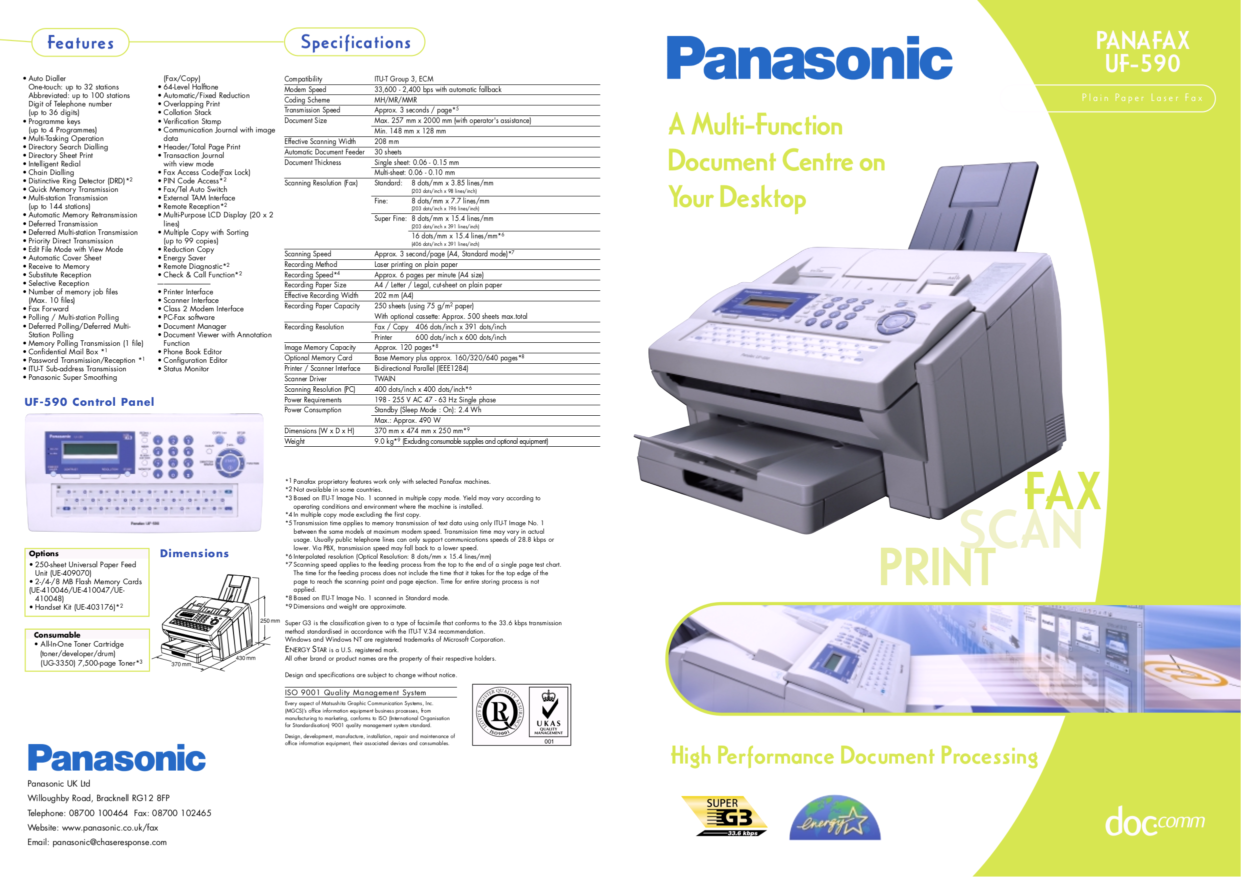 Download free pdf for Panasonic UF590 Fax Machine manual