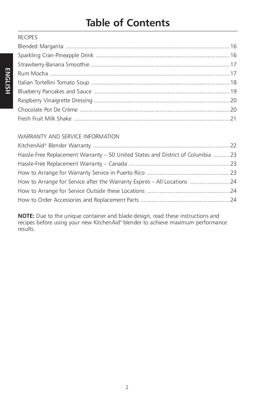 PDF manual for KitchenAid Blender KSB560
